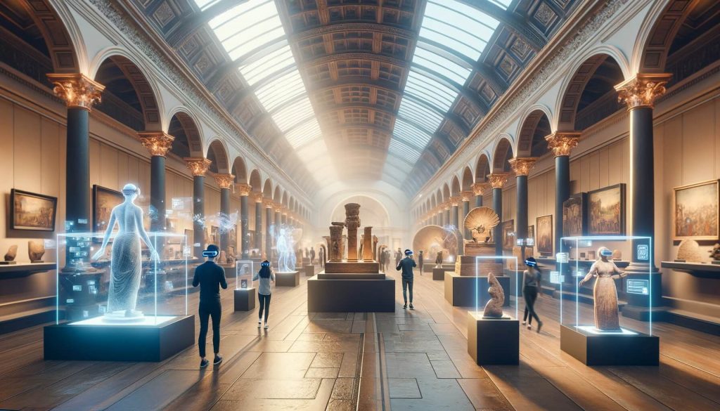 An AR museum gallery bustling with visitors using VR headsets, engaging with lifelike augmented reality exhibits and ancient artifacts displayed as interactive holographic projections