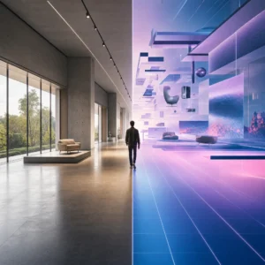 Virtual showroom displaying products in an interactive 3D environment on desktop and mobile