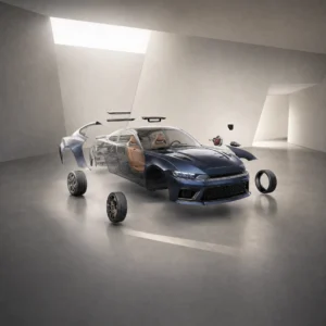 3D car configurator showing a photorealistic electric vehicle with customisable exterior colour options