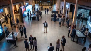 Trade show visitor wearing a VR headset inside a synchronised group VR installation